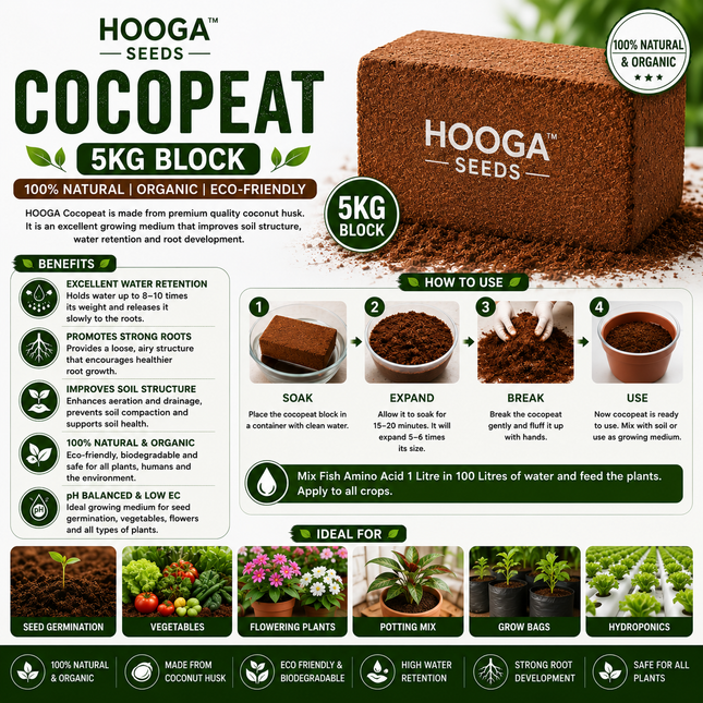 Premium Cocopeat 5 KG Block | Coco Coir Growing Medium for Plants | HOOGA Seeds